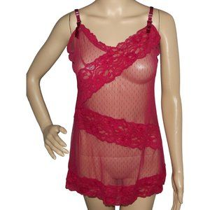 Fredericks Red Size Large Sexy V-Neck Chemise gown nightie mesh lace